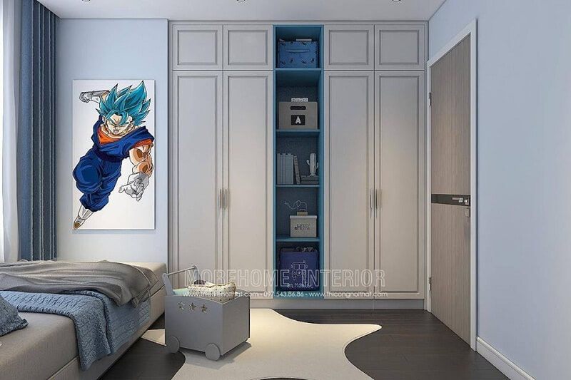 Mẫu tủ quần áo màu trắng đẹp có thêm kệ mở ở giữa độc đáo theo tông mình xanh được gia chủ yêu thích